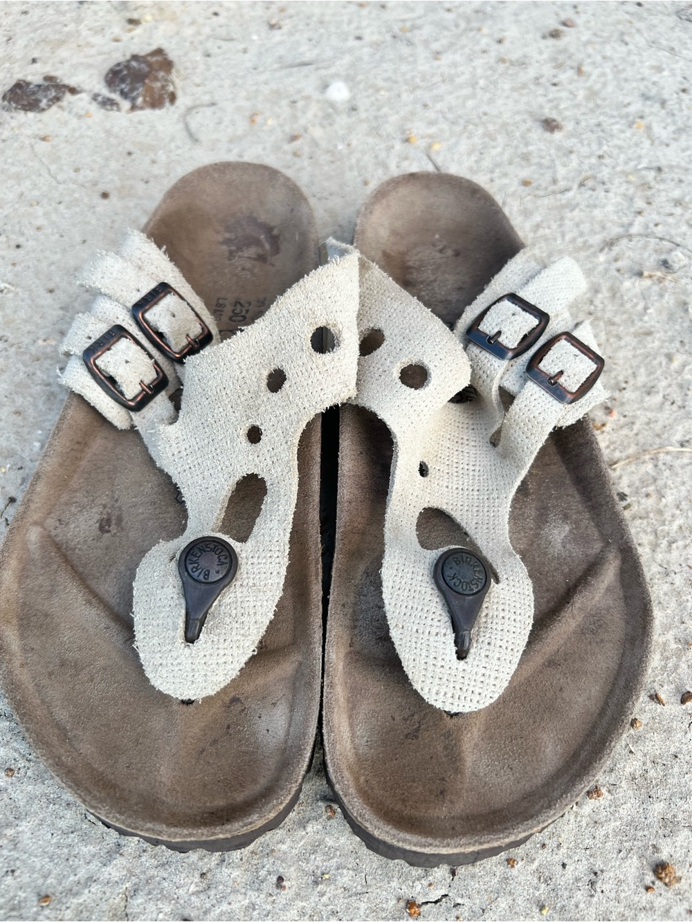 Birkenstock Beige Suede Thong Sandals with Double Buckles